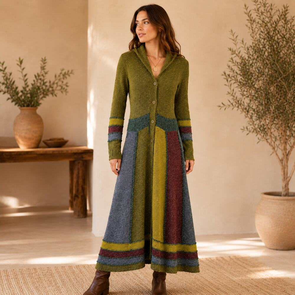 Peruvian Trading Company SZ S Pixie Hood Duster Cardigan Thumbholes Green Boho